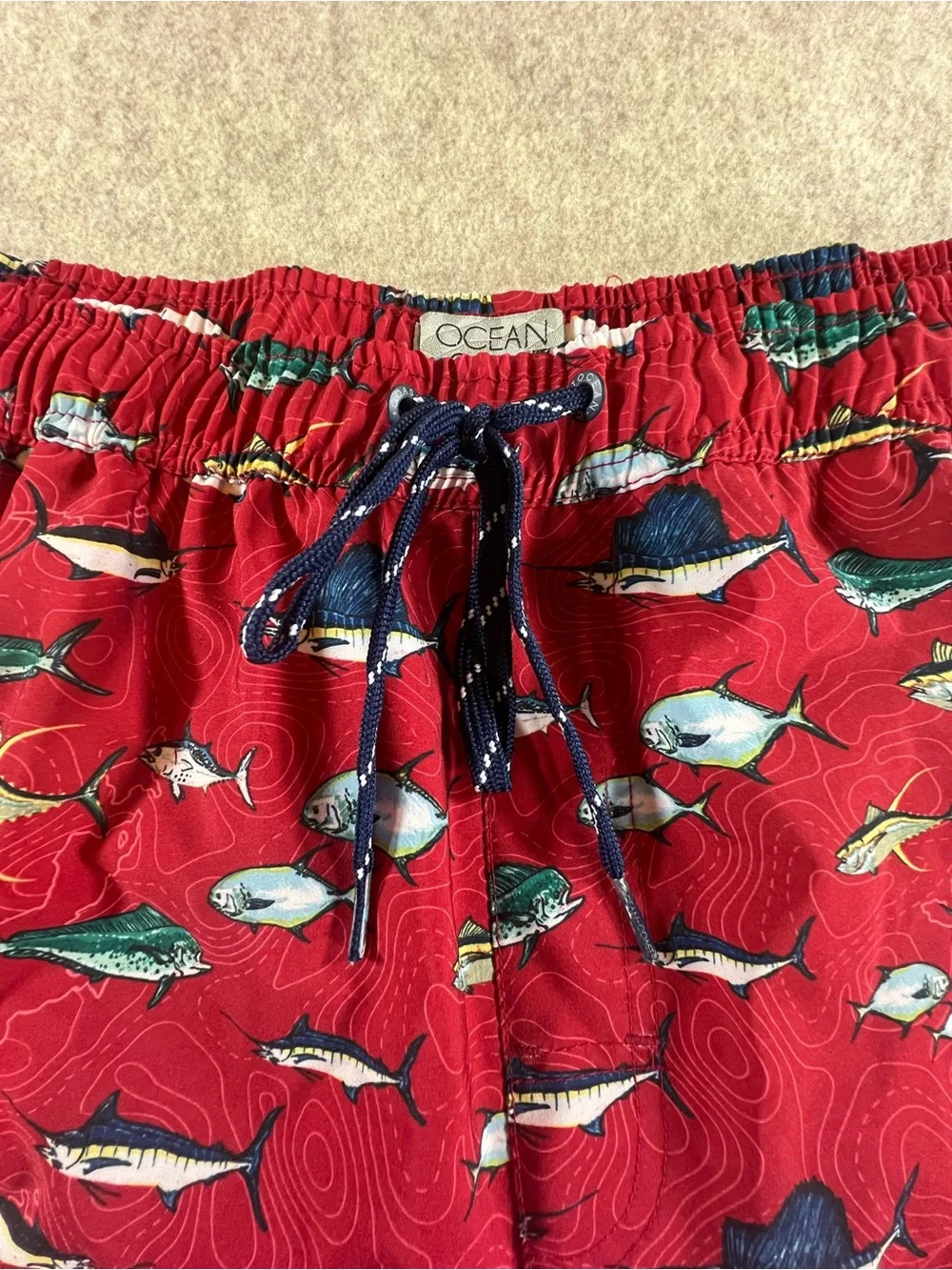 Ocean Coast Mens 2XLT Red Fish Print Swim Trunks Board Shorts